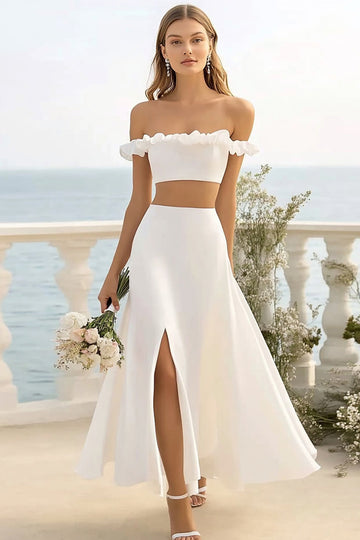 White Satin A Line 2-Piece Ruffled Long Formal Dress with Slit